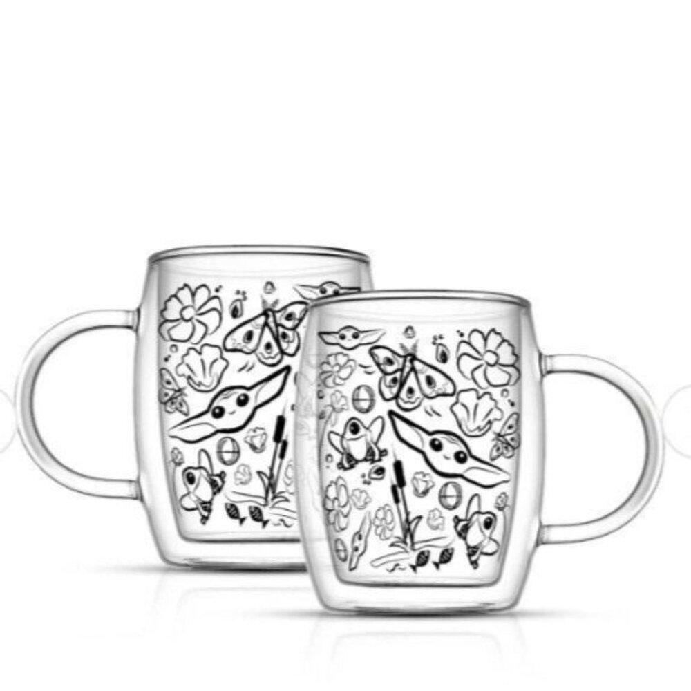 Joyjolt Star Wars Mandalorian Set OF 2 Double Wall Clear Glasses Mugs 10 OZ NWOB